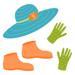 A set of accessories for gardening and recreation - a hat, rubber gloves and boots.