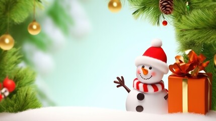 Christmas background with snowman and gift boxes.
