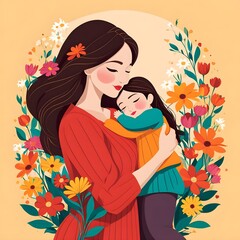 Mother's Day greeting card. Mother and daughter hug each other warmly. Many options, many flowers. Copy space. Illustration vector. Generative AI