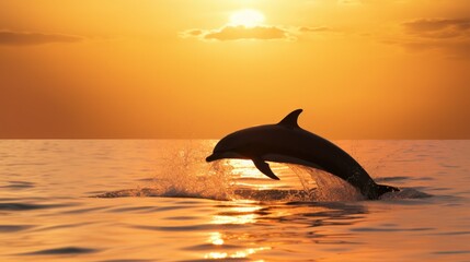 Silhouette of dolphin on sunset sky. © vlntn