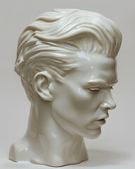 A white busturine of a mans head, showcasing intricate details and facial features. The sculpture is made of durable material and is suitable for display in various settings