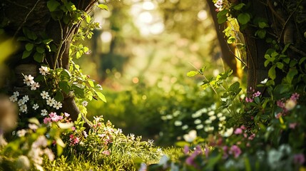 Fantasy mysterious tunnel with blooming flowers. Spring background.
