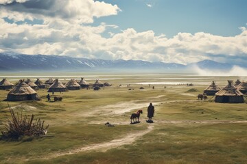 Obraz premium Scenic view of a yurt settlement with horses and a picturesque mountain backdrop