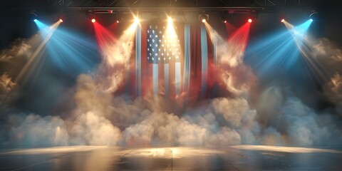 Memorial Day stage with American flag red white blue spotlight and smoke. Concept Memorial Day, American Flag, Red White Blue, Spotlight, Smoke