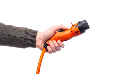 Close-up of hand holding an electric car charger on white background. Green energy. Save the planet. Technology and innovation. AI