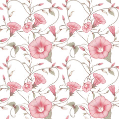 style bindweed, pink convolvulus flower with leaves, isolated on white background, ditsy small white flower pattern, seamless pattern