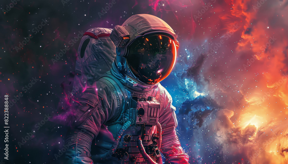 Poster a colorful astronaut is reaching out to a glowing cloud of colorful gas by ai generated image