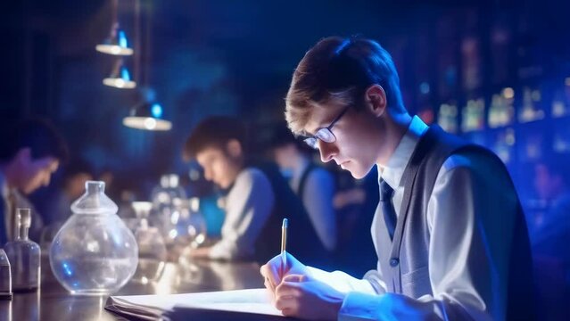 A young man in glasses writes in a notebook at a laboratory table, surrounded by other students. The lab is lit by blue light, creating an atmosphere of diligence and focus.