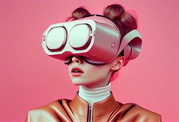 Futuristic stylishly dressed young woman in virtual reality glasses, colored background, mock-up. AI generated.