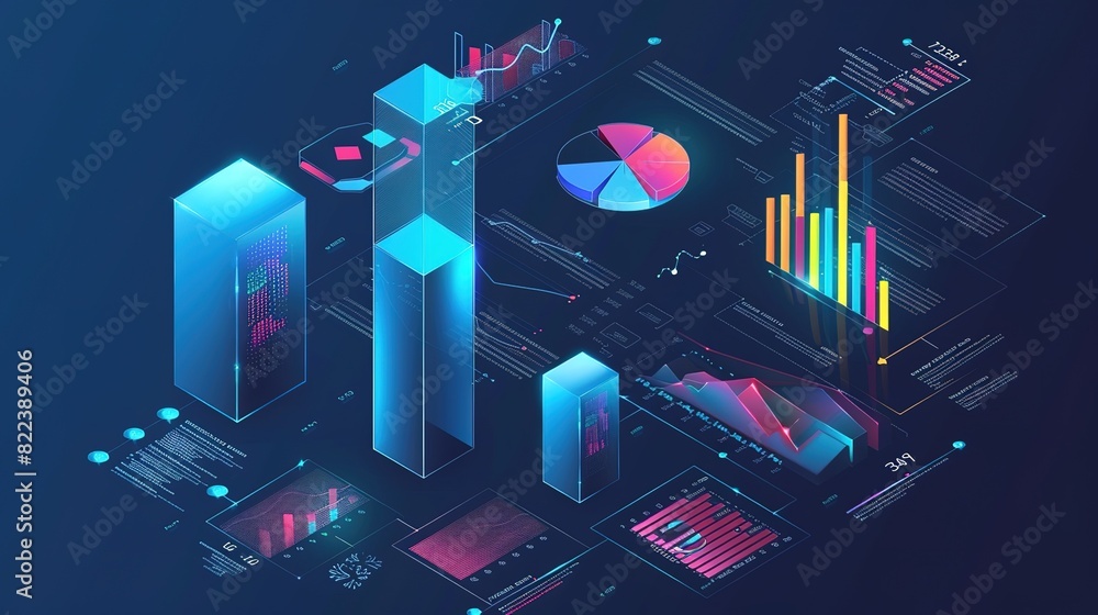 Poster futuristic 3d data visualization interface with neon graphs and charts for business intelligence