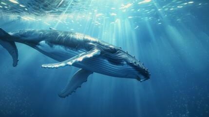 Humpback whale is swimming through camera. Close up shot of A Big Humpback whale is swimming beneath the surface of the water with sunlight rays. Scene with fish concept. 3D Render.