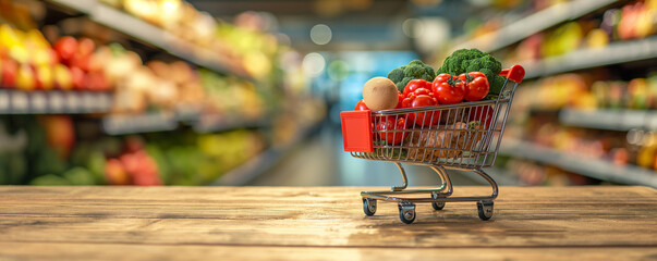 Supermarket grocery cart. Shopping cart filled with food and drinks and supermarket shelves in the background, grocery shopping concept.