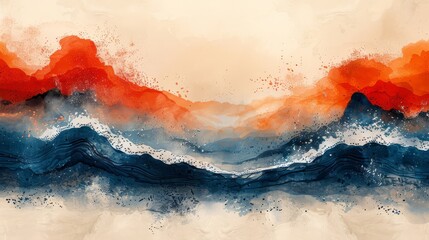 Naklejka premium Fiery Skies and Ocean Depths. A Surreal Interpretation of Nature in Red and Blue.