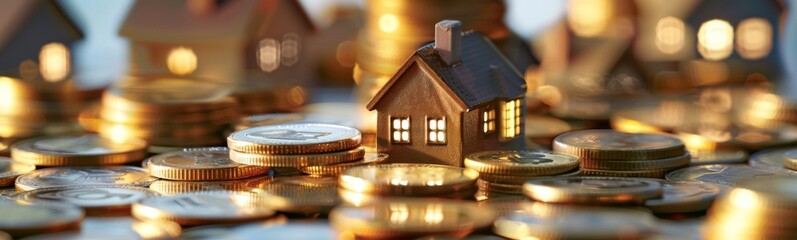 Many coins and a small wooden house , real estate concept 