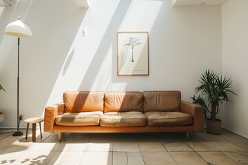 minimalist style home interior design of a modern living room, featuring a shabby leather sofa near a white wall with an art poster