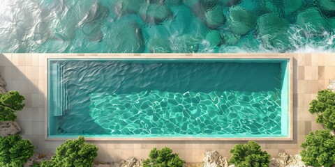 Aerial perspective of a pool amidst lush trees, showcasing a serene setting for swimming and relaxation