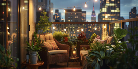 A balcony with rattan furniture, potted plants, and string lights overhead, providing a tranquil outdoor retreat with city views. - Powered by Adobe