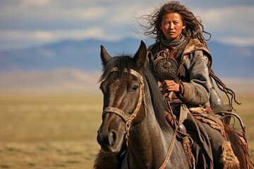 Fototapeta premium Ethnic nomad in traditional attire confidently rides a horse across the open grasslands