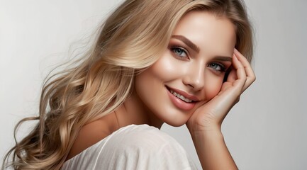 Obraz premium Beautiful attractive blonde woman model with smooth healthy skin and hair smiling and touching her face isolated on white background