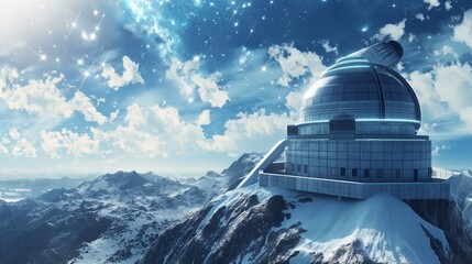 A celestial observatory perched atop a mountain peak, where AI-guided telescopes capture breathtaking views of distant galaxies. 32k, full ultra HD, high resolution - Powered by Adobe