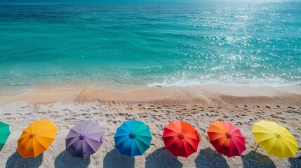 A row of colorful beach umbrellas are set up on the beach