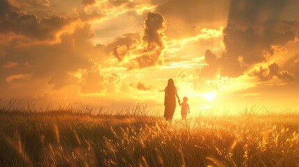 Mother little child holding hands walking in a grass field at sunset