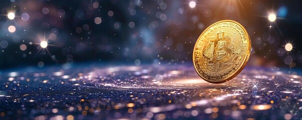 A golden Bitcoin standing on a sparkling surface with a cosmic background, representing cryptocurrency and futuristic finance technology.