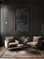 Luxury living room in dark color. Gray walls, warm ligh and lounge furniture - taupe chairs. Empty space for art or picture. Rich interior design. Mockup of a room or hall. 3d rendering