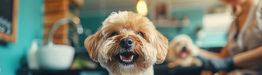 Naklejka premium dog grooming, happy dog, getting pampered, in a professional dog grooming salon