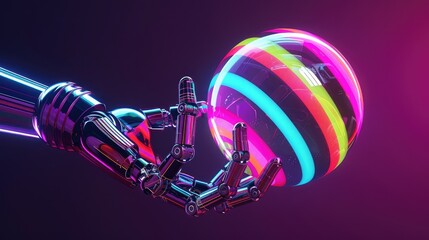 3D render of robot hands holding and spinning a colorful striped ball, with a dark purple background and neon light effects, in the hyper realistic style.