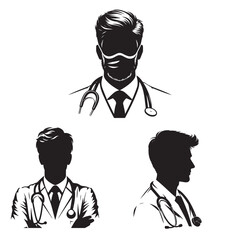 vector doctor silhouettes, black and white doctor illustration, doctor vector art, medical professional silhouette, healthcare vector design, doctor outline clipart, physician vector, medical silhouet