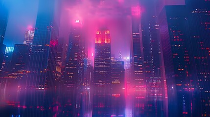 Fototapeta premium A mysterious urban setting with a lot of high-rise buildings, at night, lighting, red and blue color palette. Generative AI.