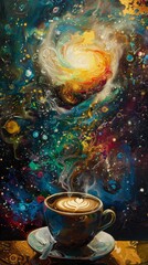 Painting of a cup of coffee with a swirly swirly swirl.  Vertical background 