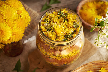 Preparation of homemade dandelion syrup from fresh flowers and brown sugar