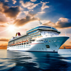 cruise liner big white ship vacation tourists background sunset blue sky ,
