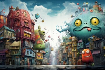 Vibrant Illustration Whimsical City Filled