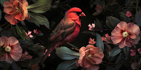 3D Flower and Red Cardinal Bird background