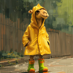 cute camel animal in raincoat and rain boots under rain