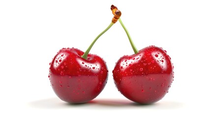 Close-up of two fresh cherries with water droplets. Simple and bright. Perfect for fresh fruit themes, food blogs, or healthy living concepts. AI