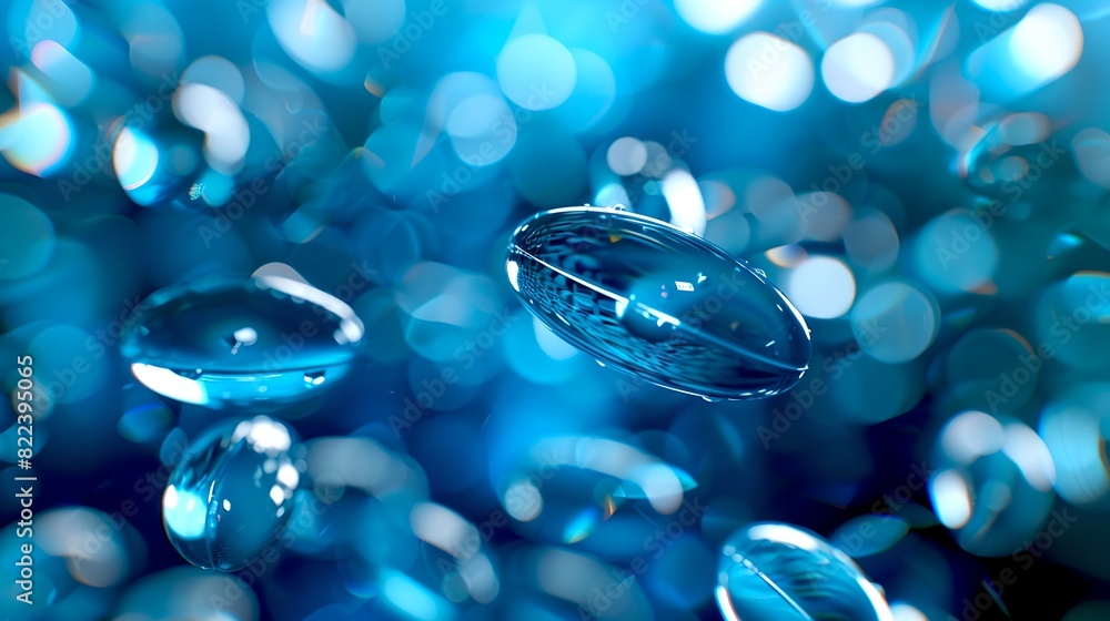 Poster abstract blue bubbles floating, ethereal and serene atmosphere. futuristic backdrop with bokeh. idea