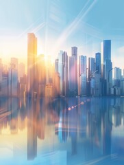 Fototapeta premium Picture of modern skyscrapers of a smart city, futuristic financial district with buildings and reflections , blue color background for corporate and business template with warm sun rays of light
