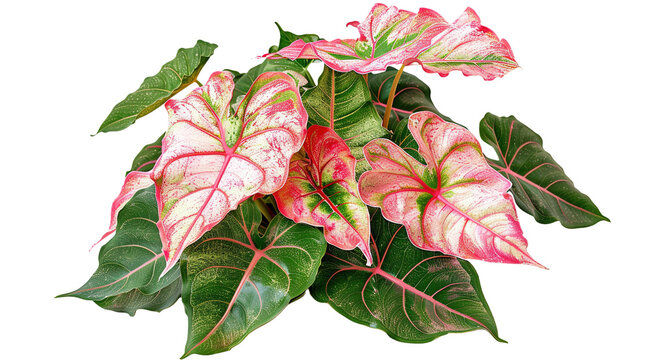 Red Caladium leaves pattern or elephant ear on white background,png