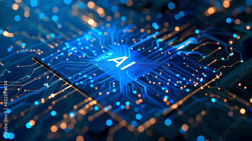 Aufkleber futuristic ai chip with glowing circuits and network lines. high-tech processor concept. illustratio