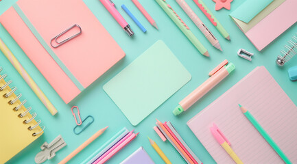 A flat lay composition of pastel stationery items on an aqua background, including notepads and...