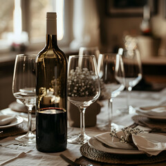Glasses, plates, tablecloths, wine bottles are empty on the table.