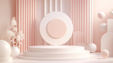 3d elegant stone product podium with round display and pastel pink and white geometric figures