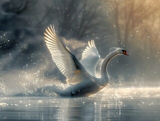 Elegant Swan in Tranquil Sunset Lake Shrouded by Dusty Particles in Trace Monotone Style