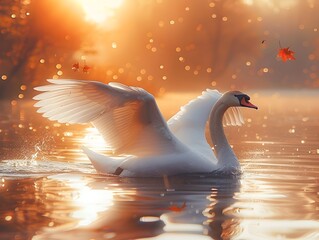 Elegant Swan Glides Across Serene Lake Amidst Silver Dust at Sunset in Style
