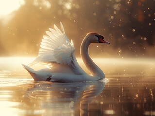 Elegant Swan in Monotone Twilight A Serene Lake Scene with Dusty Particles in Trace Style and Dynamic Motion Blur