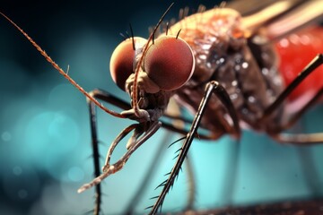 Macro photography of a mosquito highlighting detailed textures and vibrant eyes